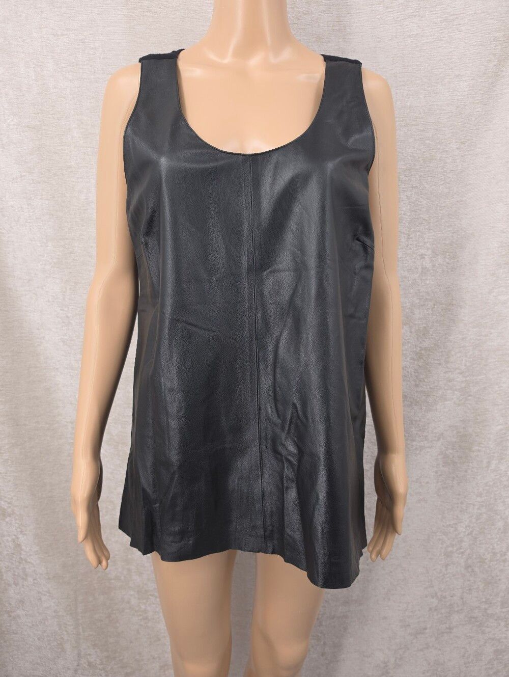 ecru Black Genuine Leather Scoop Neck Tank Tank Top